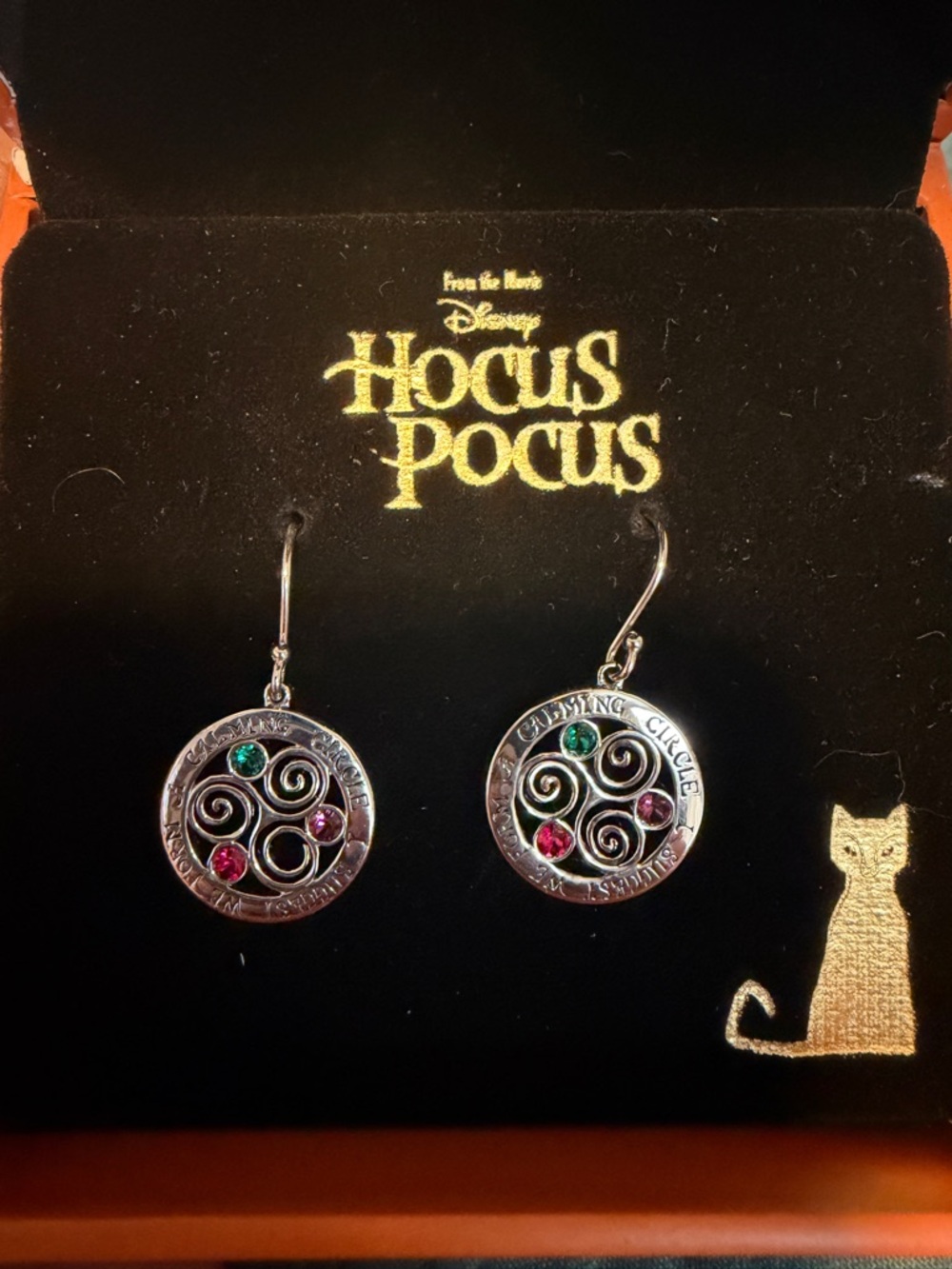 Disney Hocus Pocus Silver Dangle Earrings with Green and Pink Stones